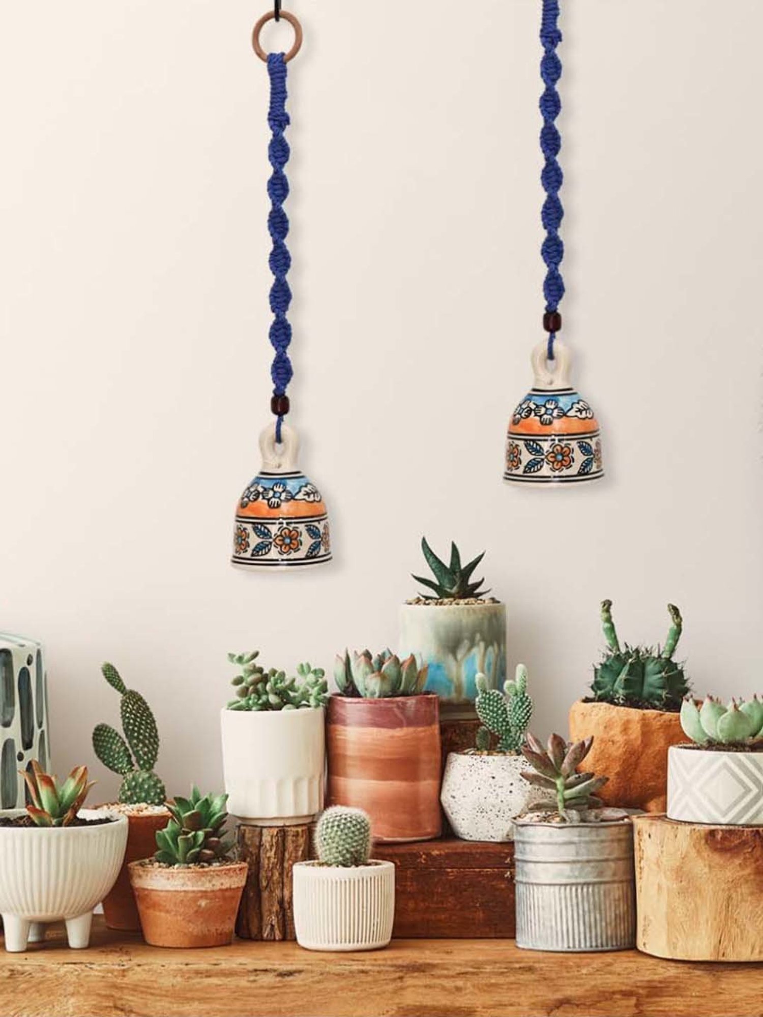 Gathari Blue Ceramic Wall Hanging Macrame Bells - Set of 2
