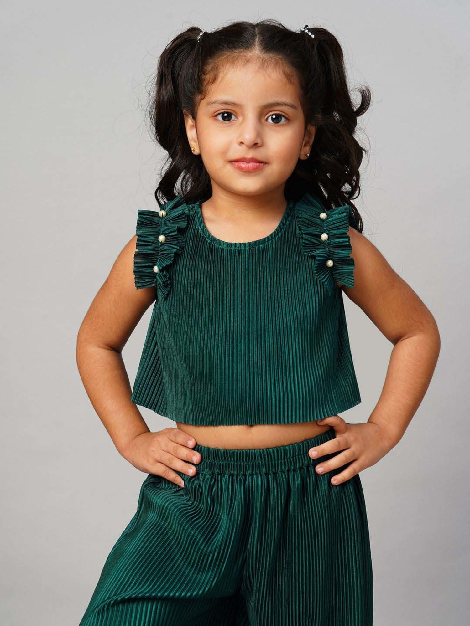 Lil Drama Kids Green Embellished Top Set