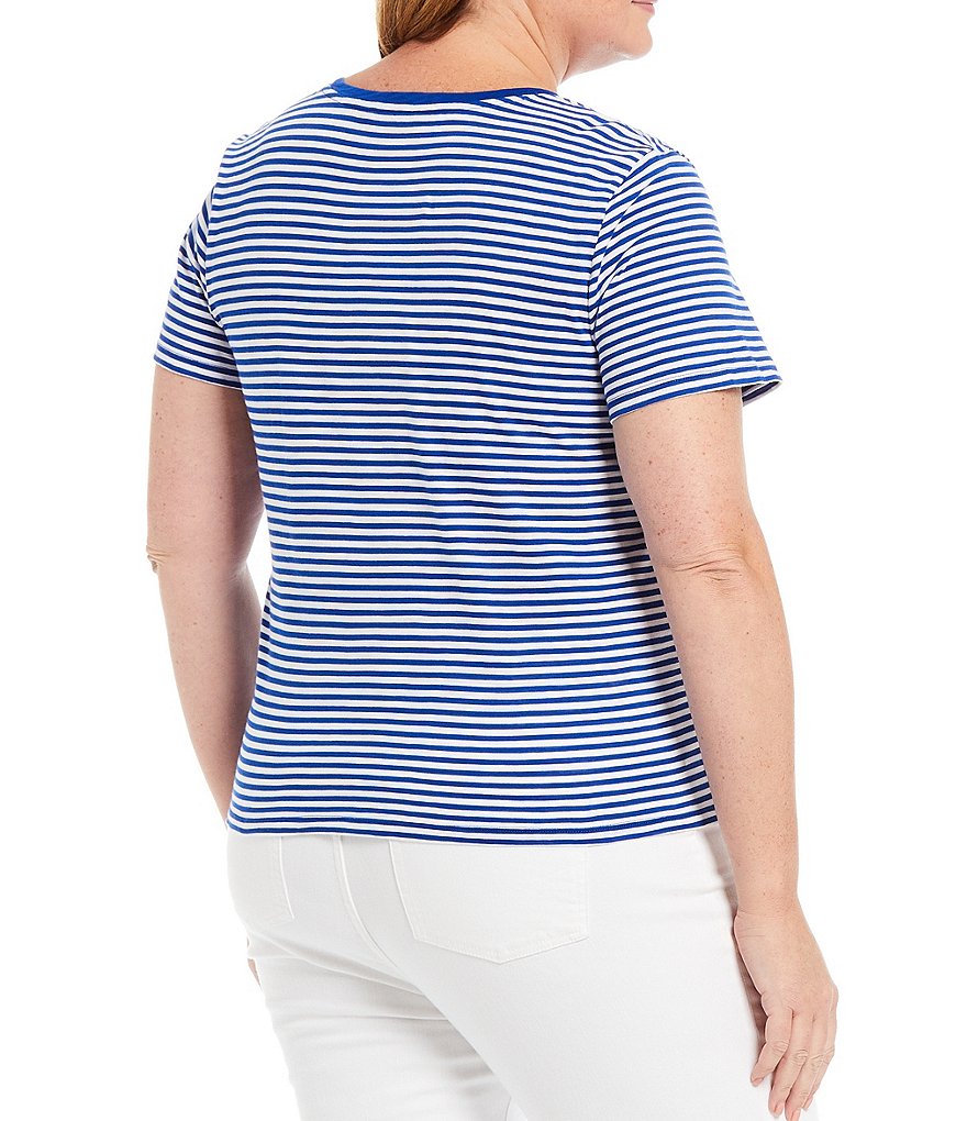 Democracy Plus Size Floral Print 3/4 Puff Sleeve V-Neck Knit Top