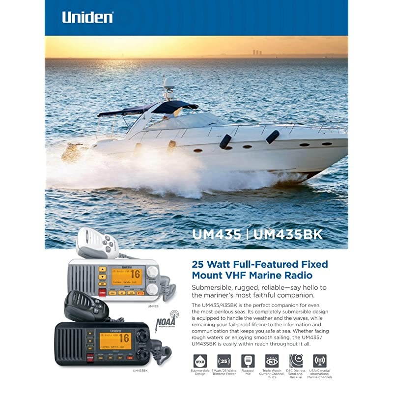UM435 Advanced Fixed Mount VHF Marine Radio, All USA/International/Canadian Marine Channels Including New 4-Digit, CDN &ldquo;B&rdquo; Channels, 1 Watt/25 Watt Power, Waterproof IPX8 Submersible, White
