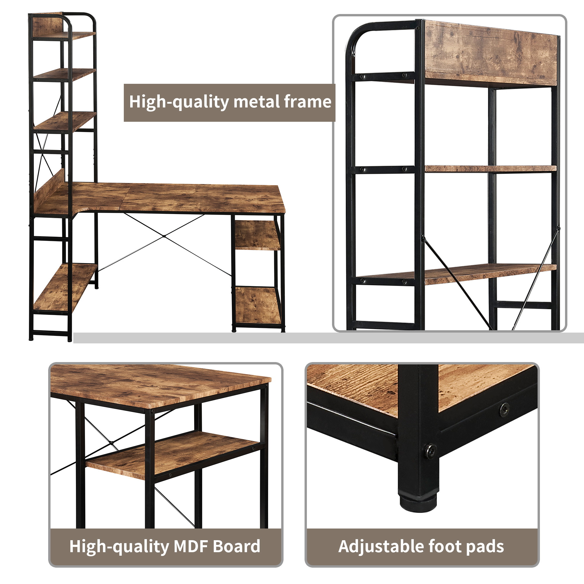 Home Office Computer Desk Gaming Desk with Steel frame and MDF Board,5 Tier Open Bookshelf,Plenty Storage Space