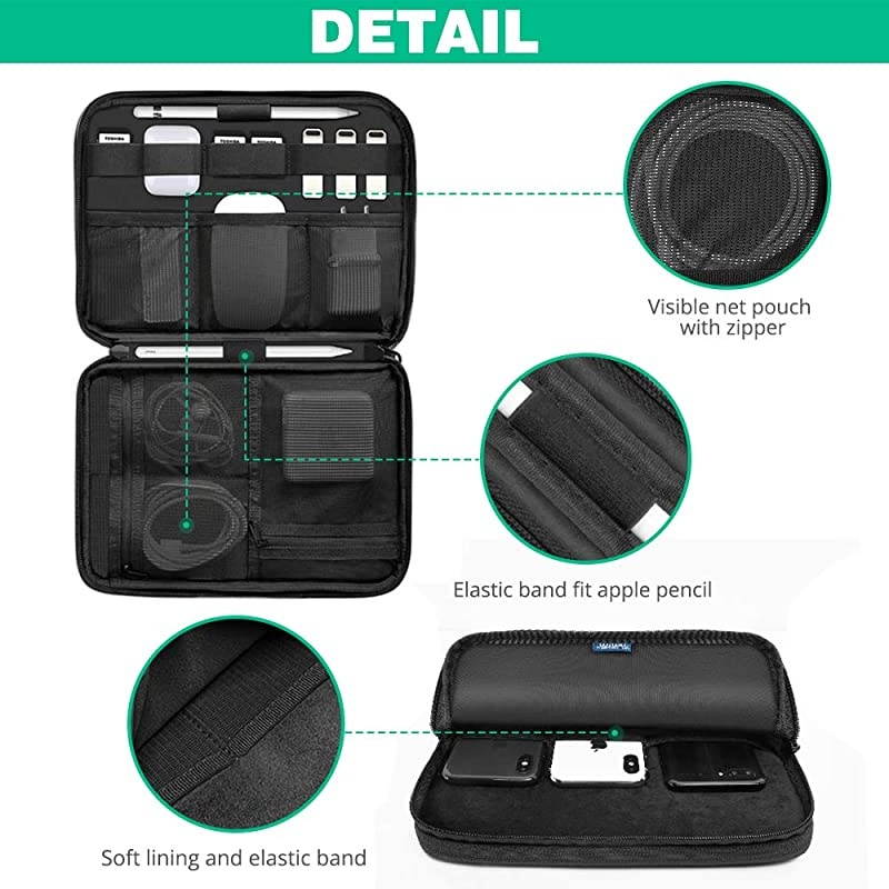Travel Cable Organizer Bag, Waterproof Electronics Accessories Pouch Bag for Apple Pencil,Hard Drives, Cable, Charger, Phone, USB, SD Card (Black)