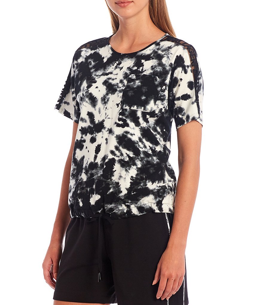 KARL LAGERFELD PARIS Printed Tie-Dye Jersey Mesh Logo Sleeve Top
