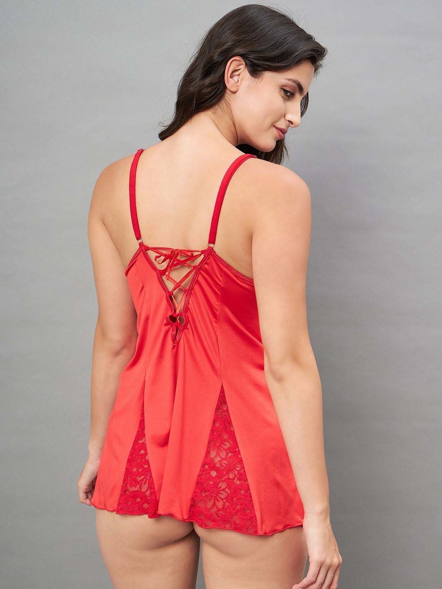 Secrets By ZeroKaata Red Lace Work Babydoll With Panty
