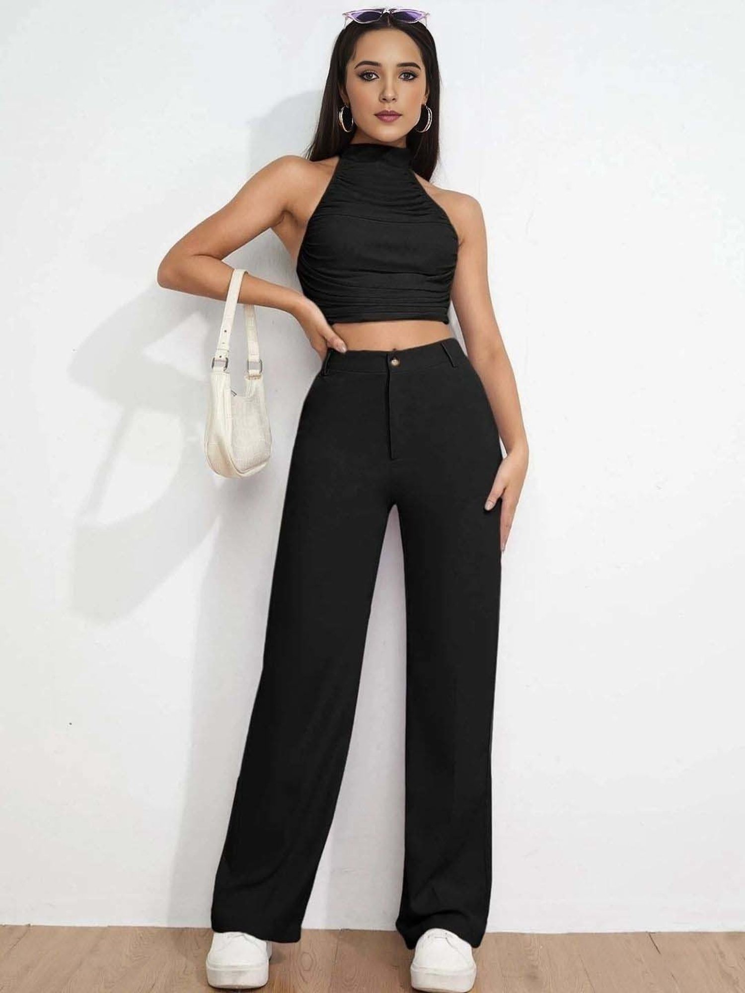 BUYNEWTREND Black High rise Formal Trousers
