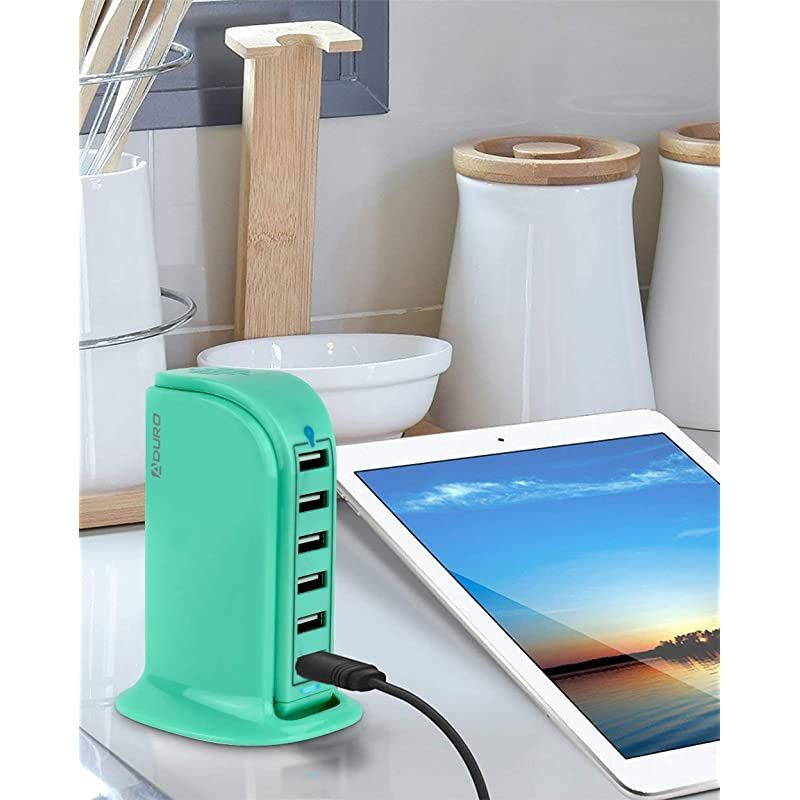 40W 6Port USB Desktop Charging Station Hub Wall Charger for iPhone iPad Tablets Smartphones with Smart Flow Turquoise
