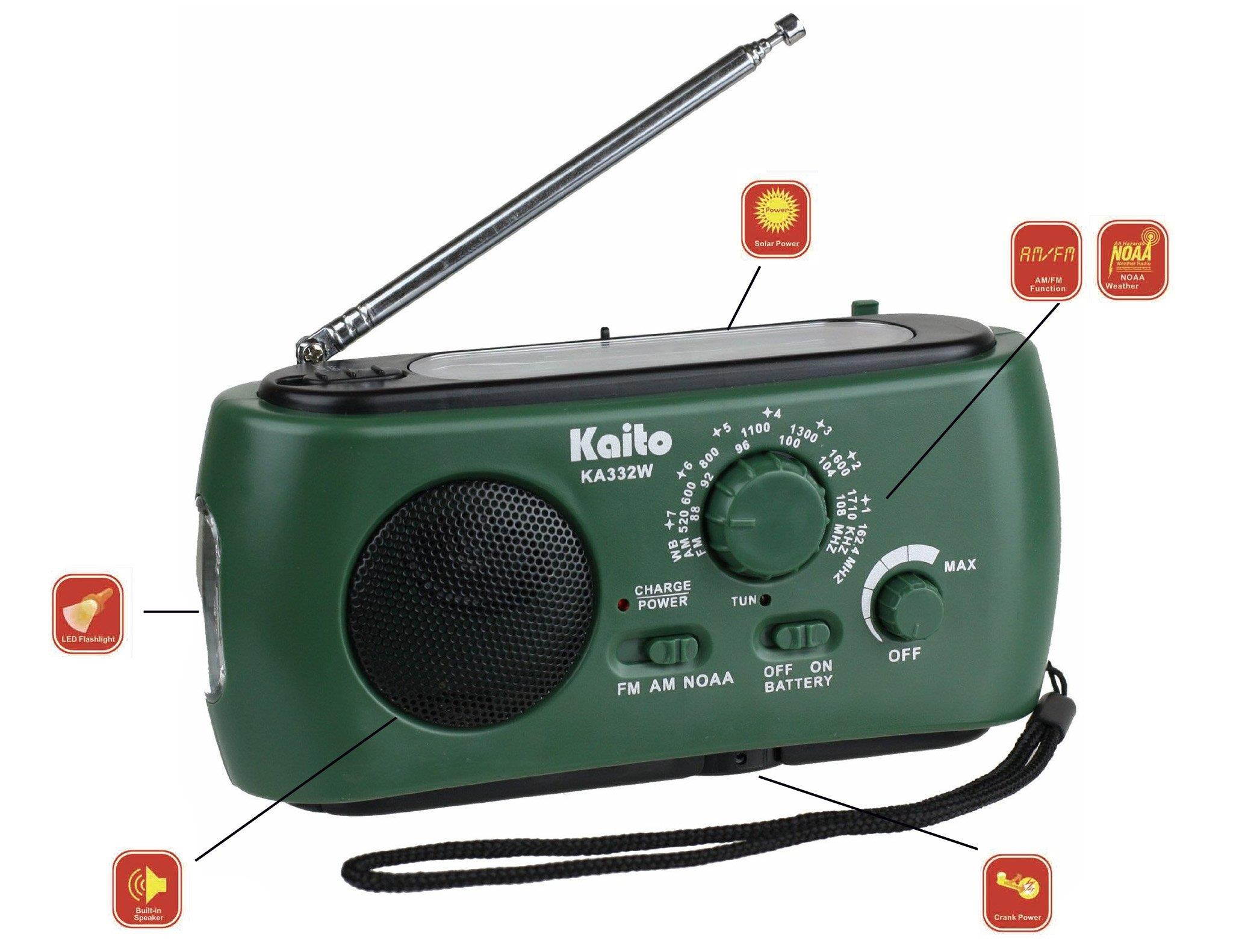 Kaito Portable Hand Crank Solar AM/FM NOAA Weather Radio with Cell Phone Charger & 3-LED Flashlight, Green KA332W-GRN