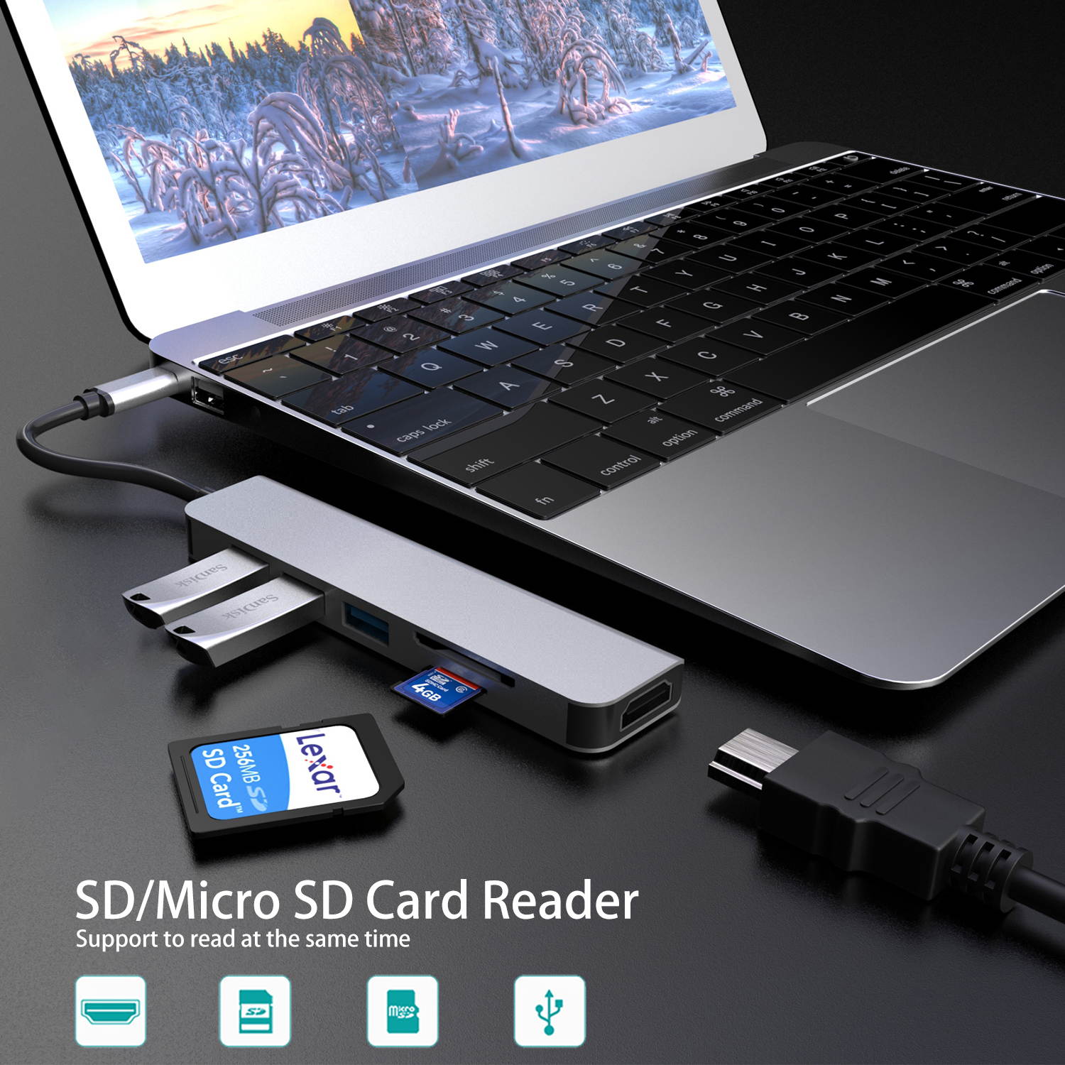 Computer USB converter 4 in 1 hub, HDMI Port Max 4K UHD 3840*2160@30HZ with  3 USB 3.0 Hub Ports up to 5Gbps for data syncing, Suitable for the Mac with TYPE C interface and mouse, card reader,etc.
