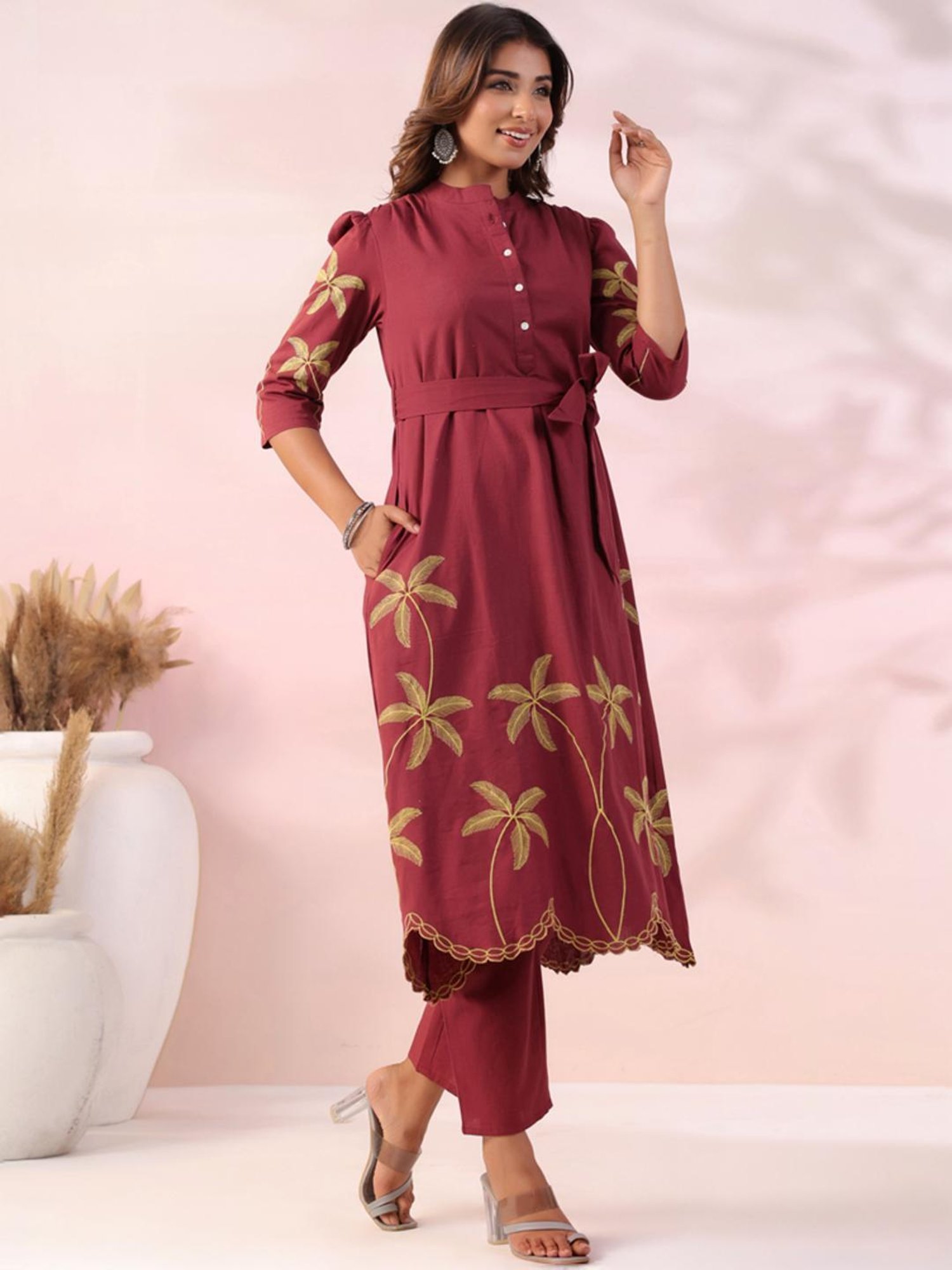 Fashor Maroon Cotton Embroidered Kurta Pant Set