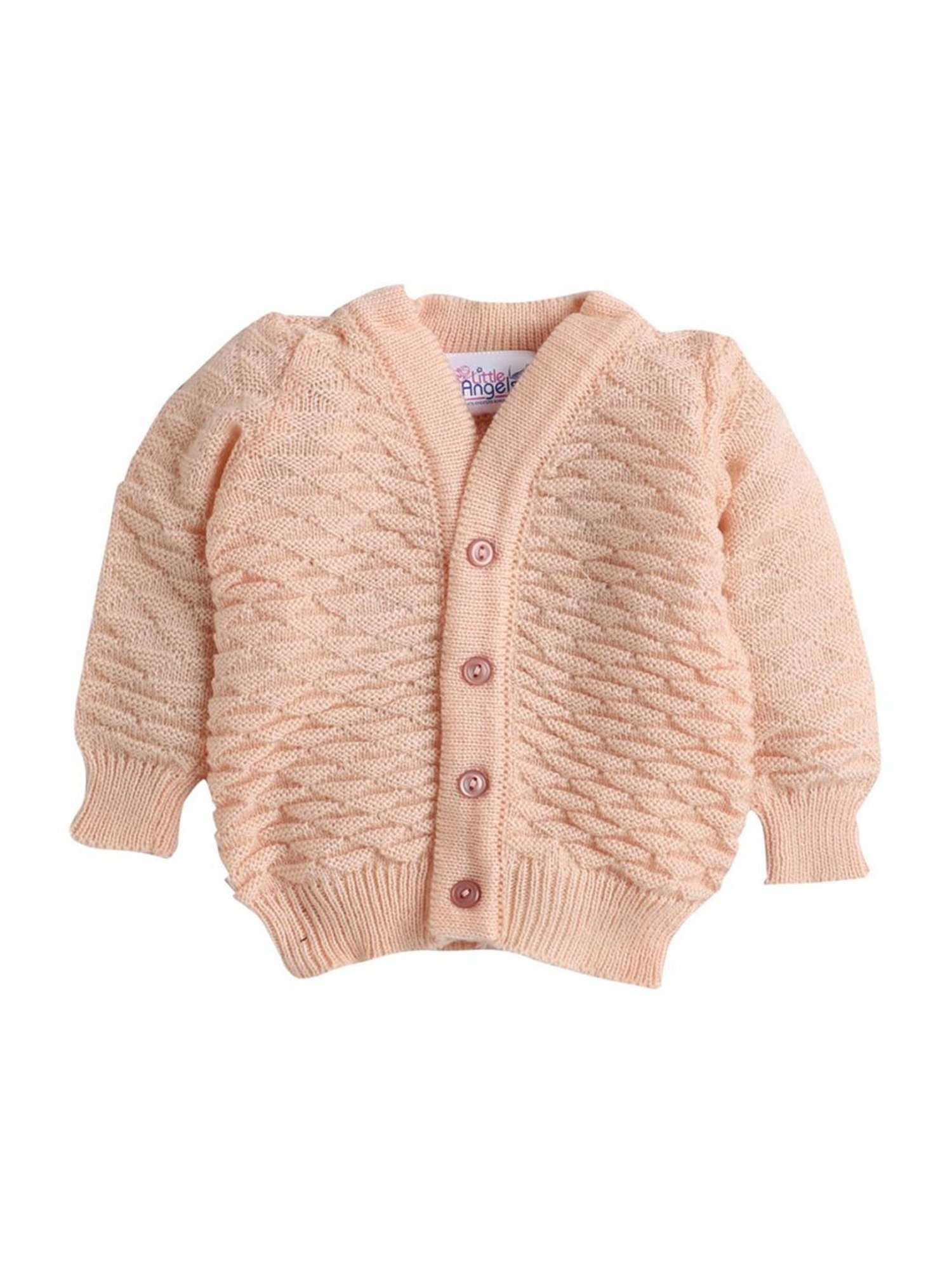 Little Angels Kids Peach Textured Pattern Full Sleeves Sweater Set