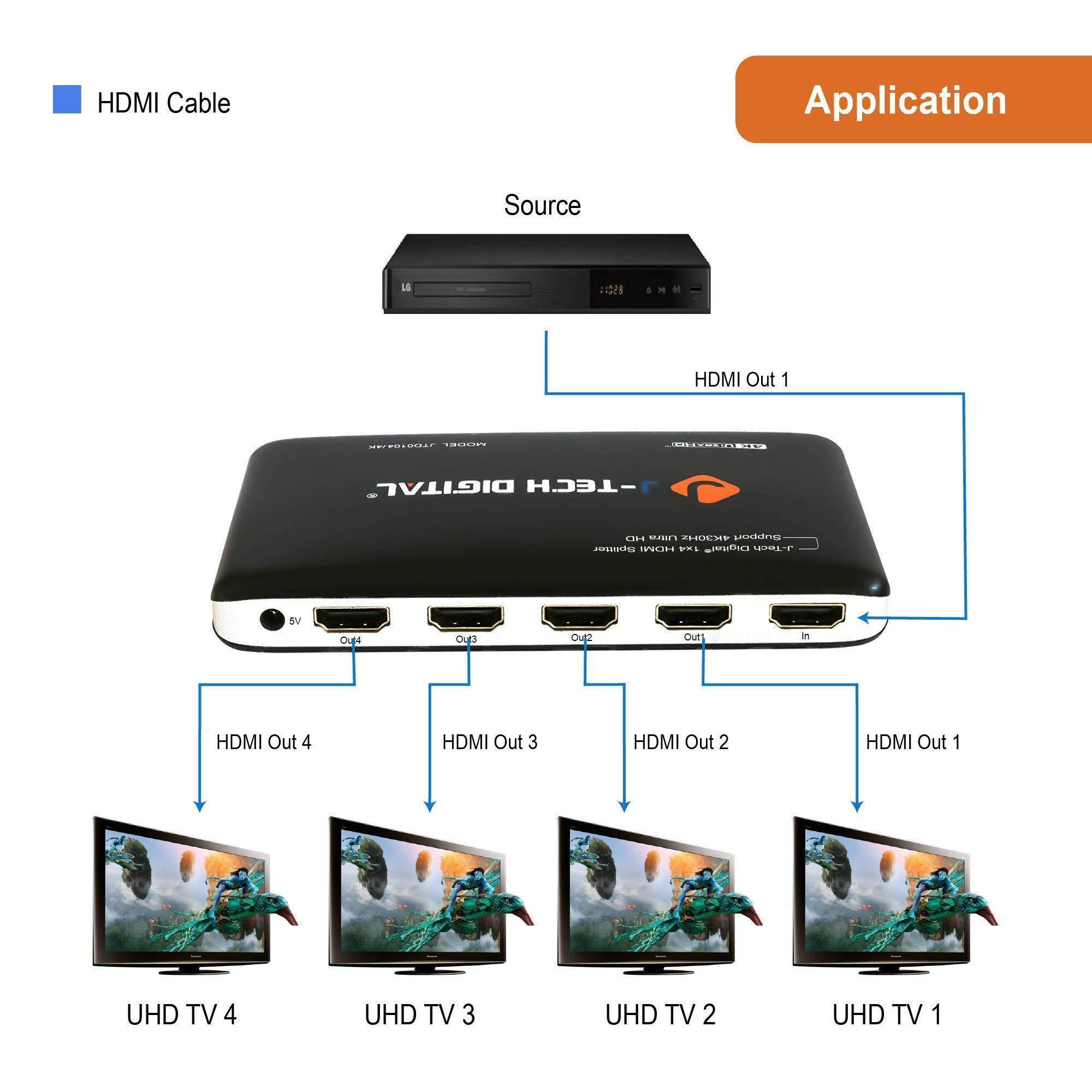 J-Tech Digital JTD0104/4K Most Advanced 4 Ports HDMI 1X4 Powered Splitter Support Ultra HD 4K 3840 A 2160 Resolution and 3D