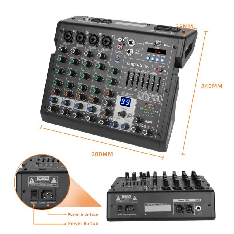 Bomaite B6 Portable 6-Channel Mixing Console Mixer 7-band EQ Built-in 48V Phantom Power Supports BT Connection USB MP3 Player for Computer Recording, Bands
