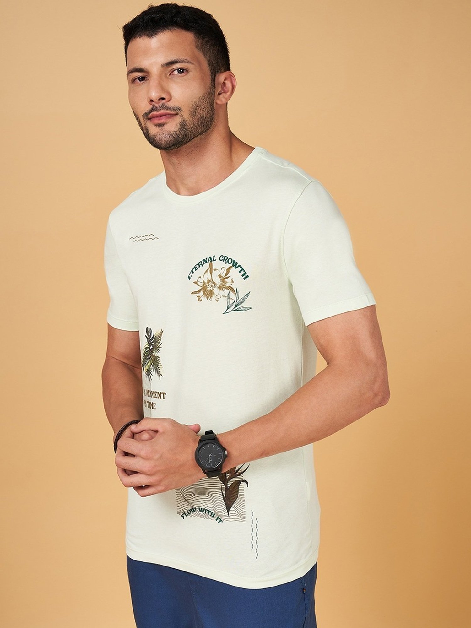 Urban Ranger by Pantaloons Mint Cotton Slim Fit Printed T-Shirt