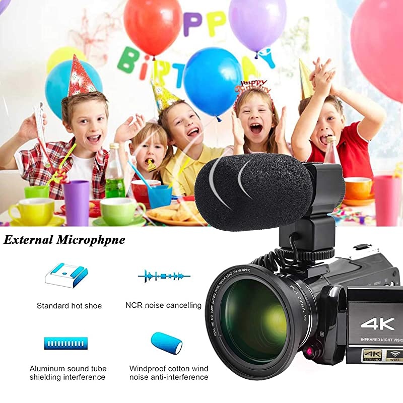 Video Camera 4K Camcorder  WiFi Ultra HD Vlog Camera for YouTube, 3.1'' IPS Screen 30X Digital Zoom Night Vision Video Recorder with Microphone, Wide Lens, Lens Hood, 32GB SD Card, 2 Batteries