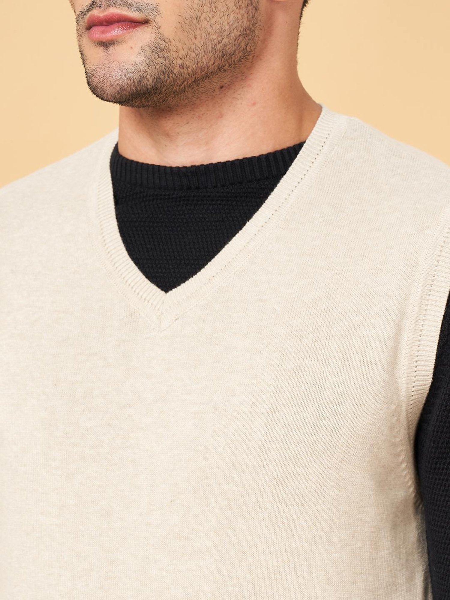 Byford by Pantaloons Beige Cotton Slim Fit Self Pattern Sweater