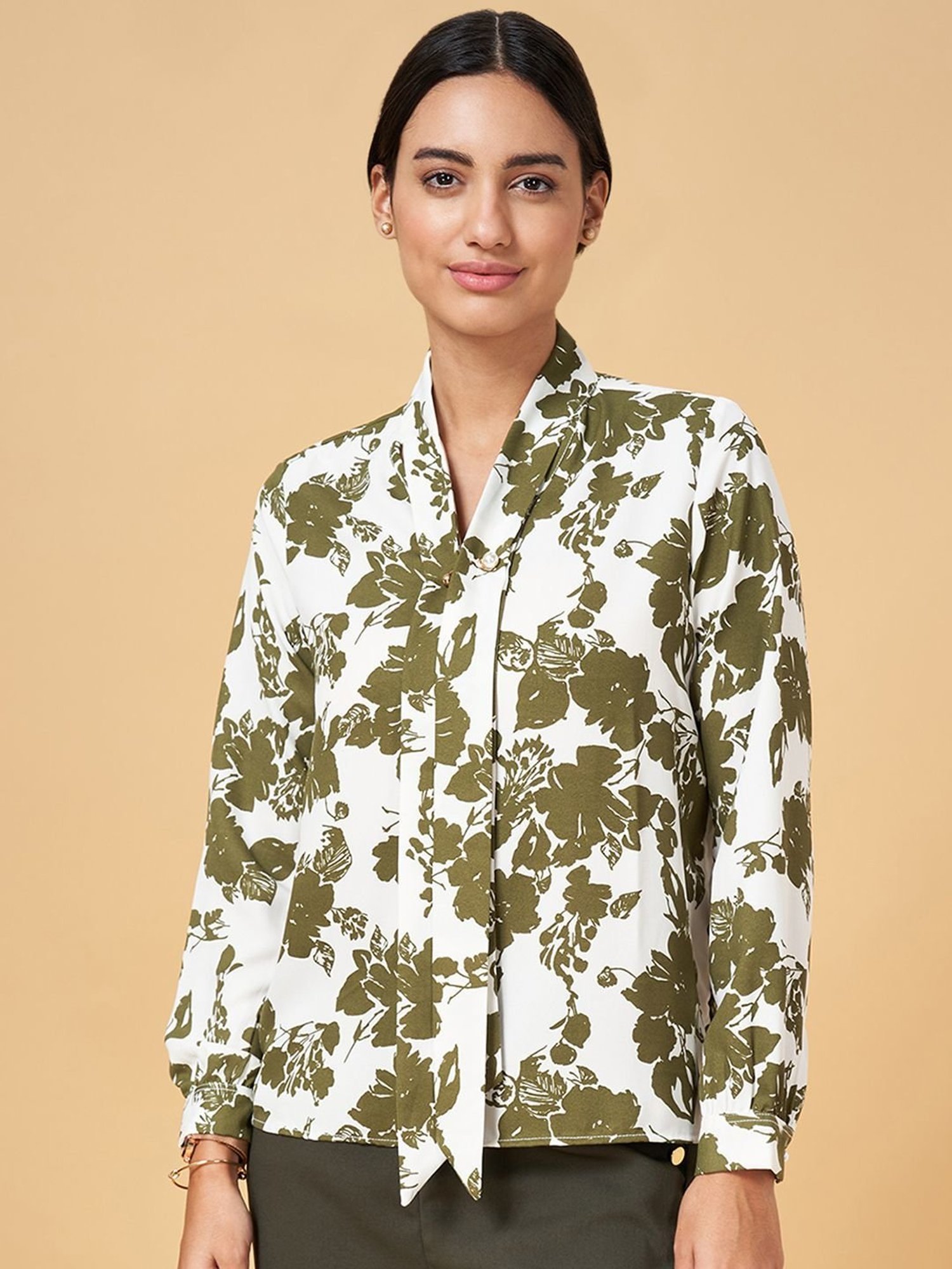 Annabelle by Pantaloons White & Olive Green Printed Top