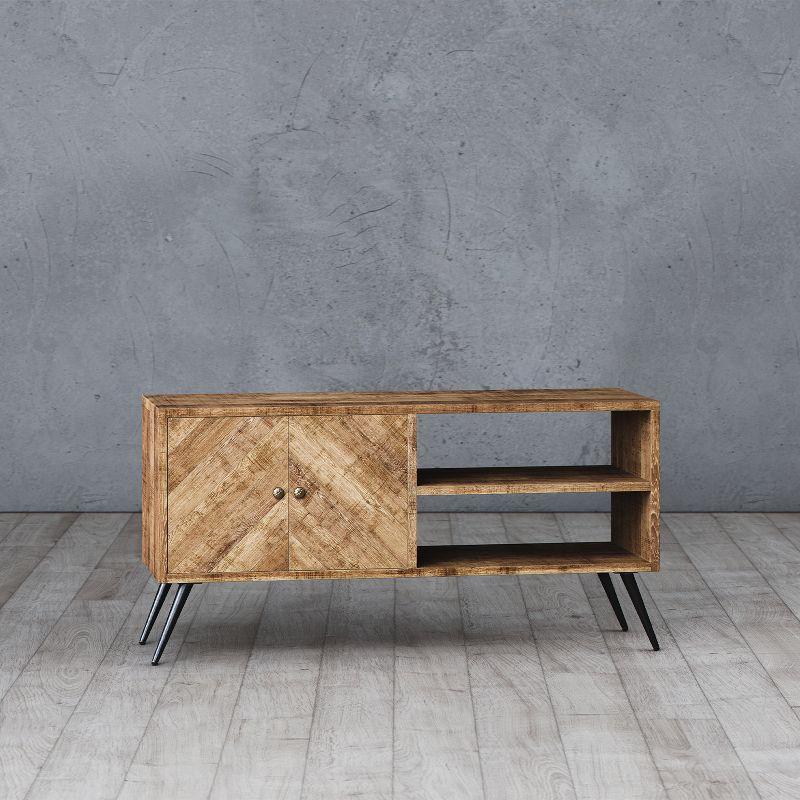 Mindful Living Rustic Farmhouse Mid Century Fusion 2 Shelf Mango Wood Top & Iron Hairpin Legs Chevron Pattern TV Console Cabinet Entertainment Center