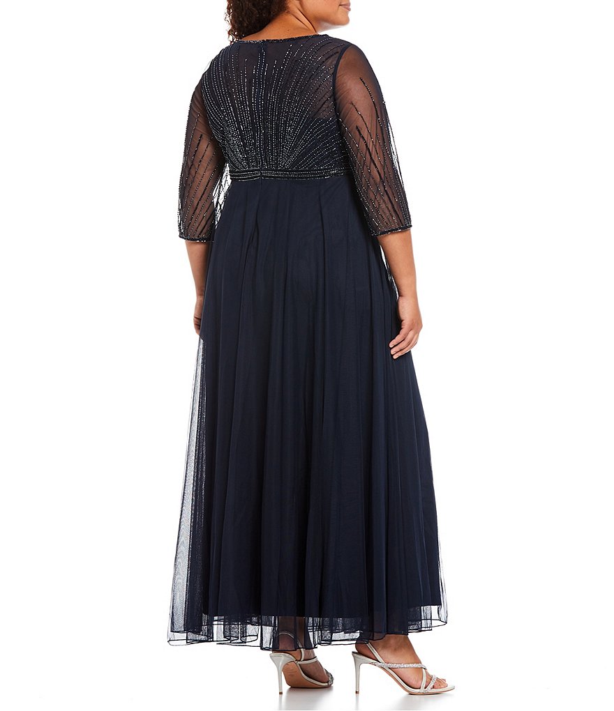 Jkara Plus Size 3/4 Sleeve Illusion Beaded Jewel Neck Lined Gown