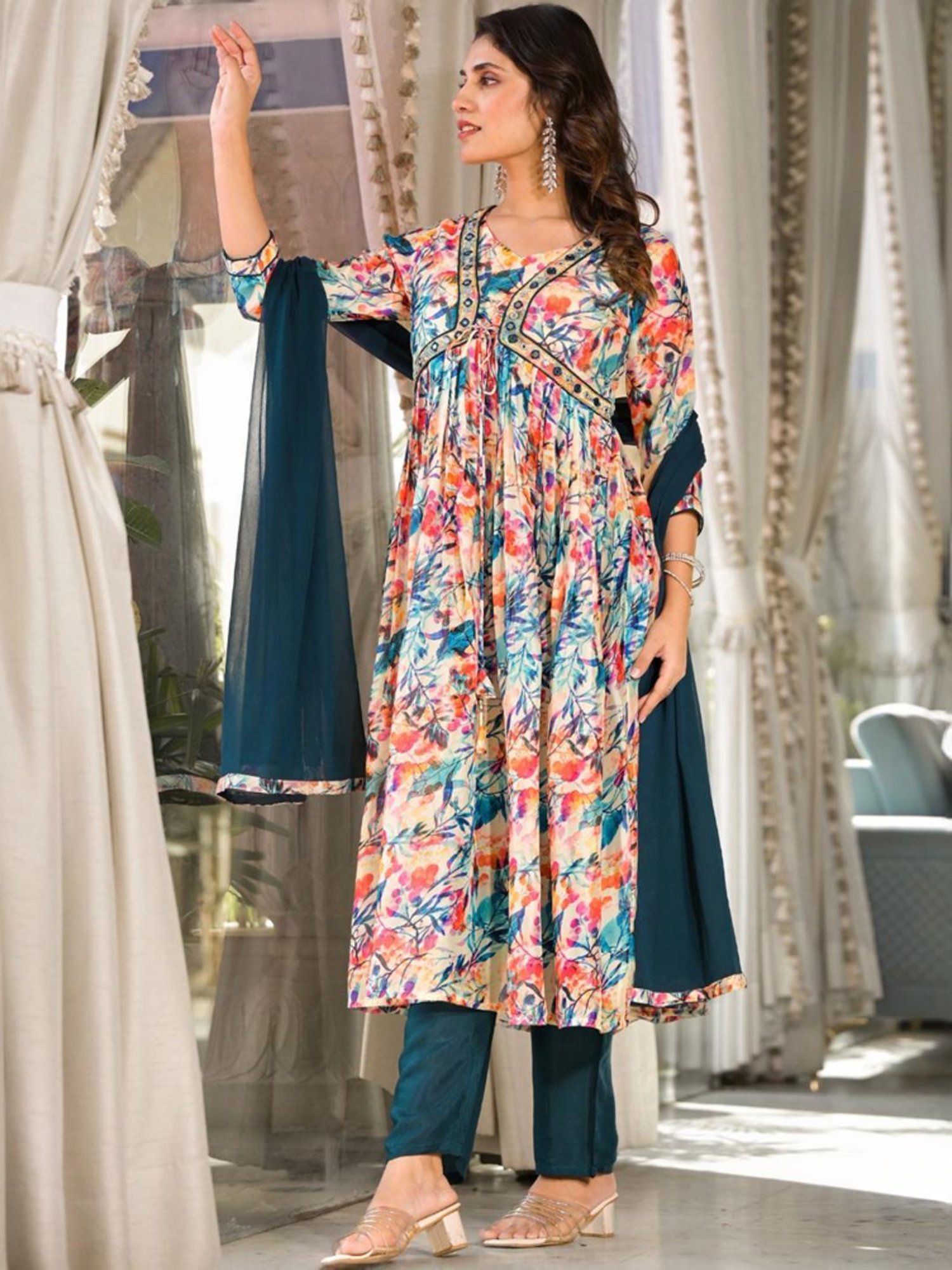 Odette Beige & Green Floral Print Kurta Pant Set With Dupatta