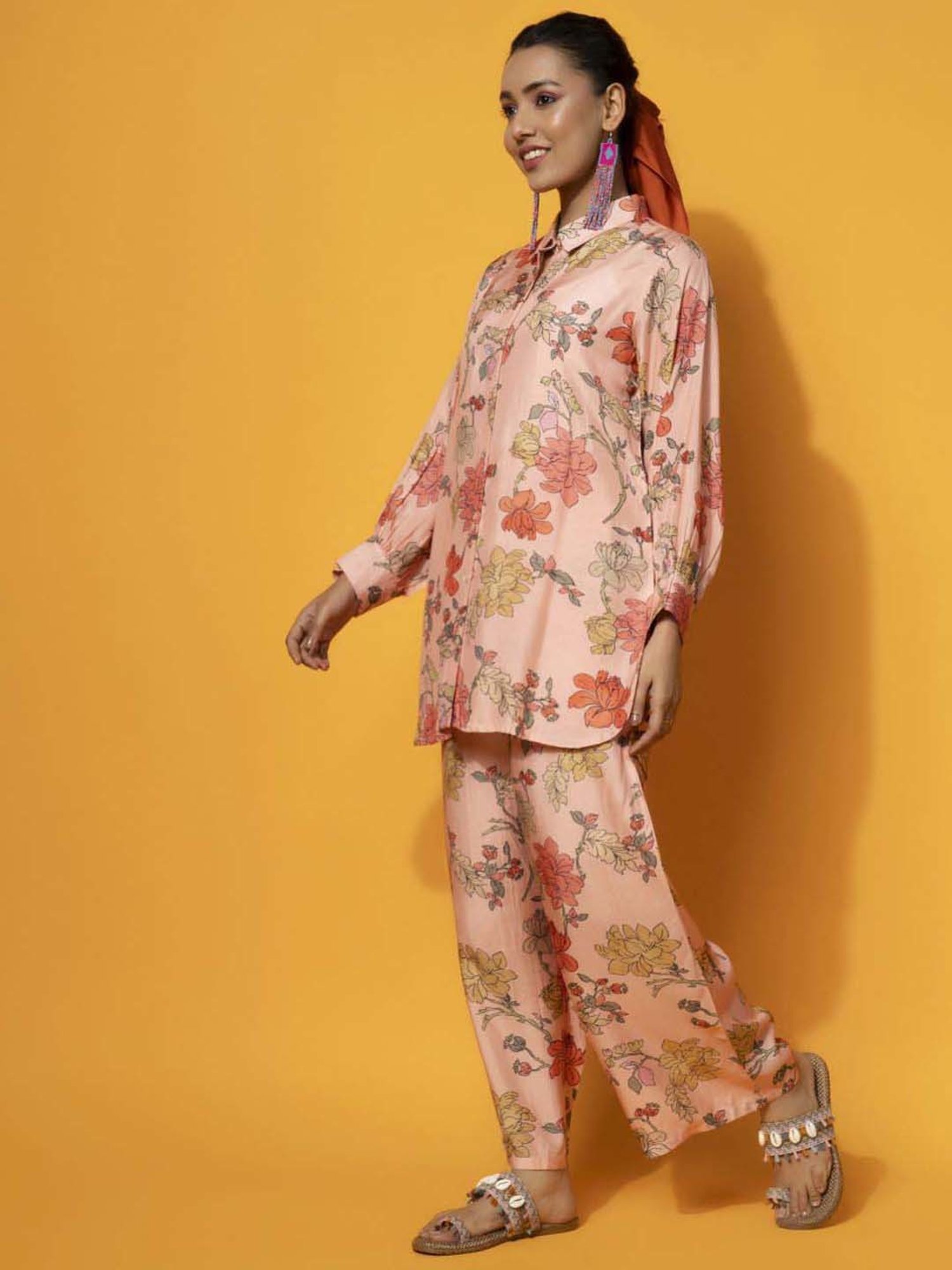 Libas Peach Printed Silk Blend Co-Ords