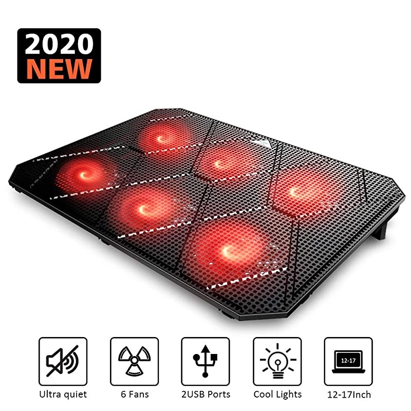 Laptop Cooling Pad, Powerful Slim Quiet Laptop Cooler for Gaming Laptop - 6 Red LED Fans - Dual USB 2.0 Ports - Portable Height Adjustable Laptop Stand, Fits 12-17 Inches