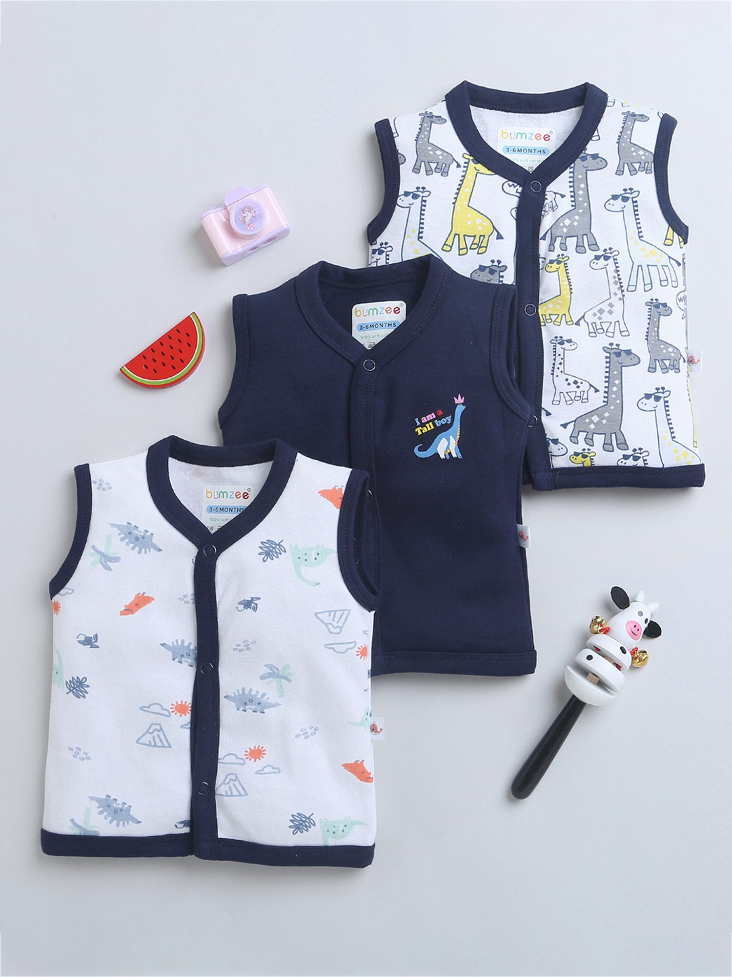 Bumzee Kids Navy & White Printed Jhablas (Pack Of 3)