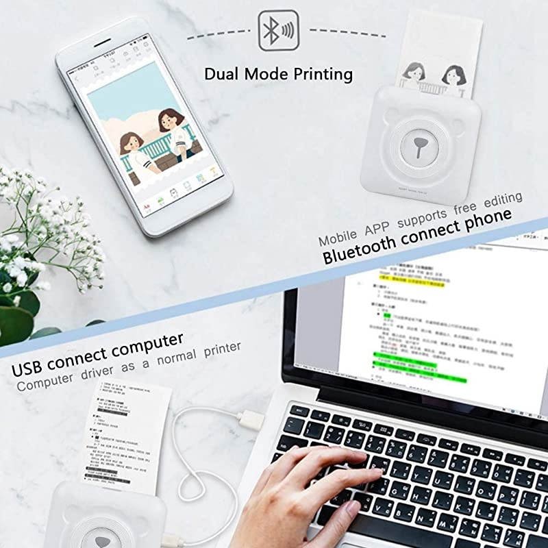 Mini Thermal Printer Bluetooth Wireless Printer Support USB Pocket Note Receipt Printer 57mm Paper Photo Printing for Windows + iOS + Android Students Office Couples LeisureWhite