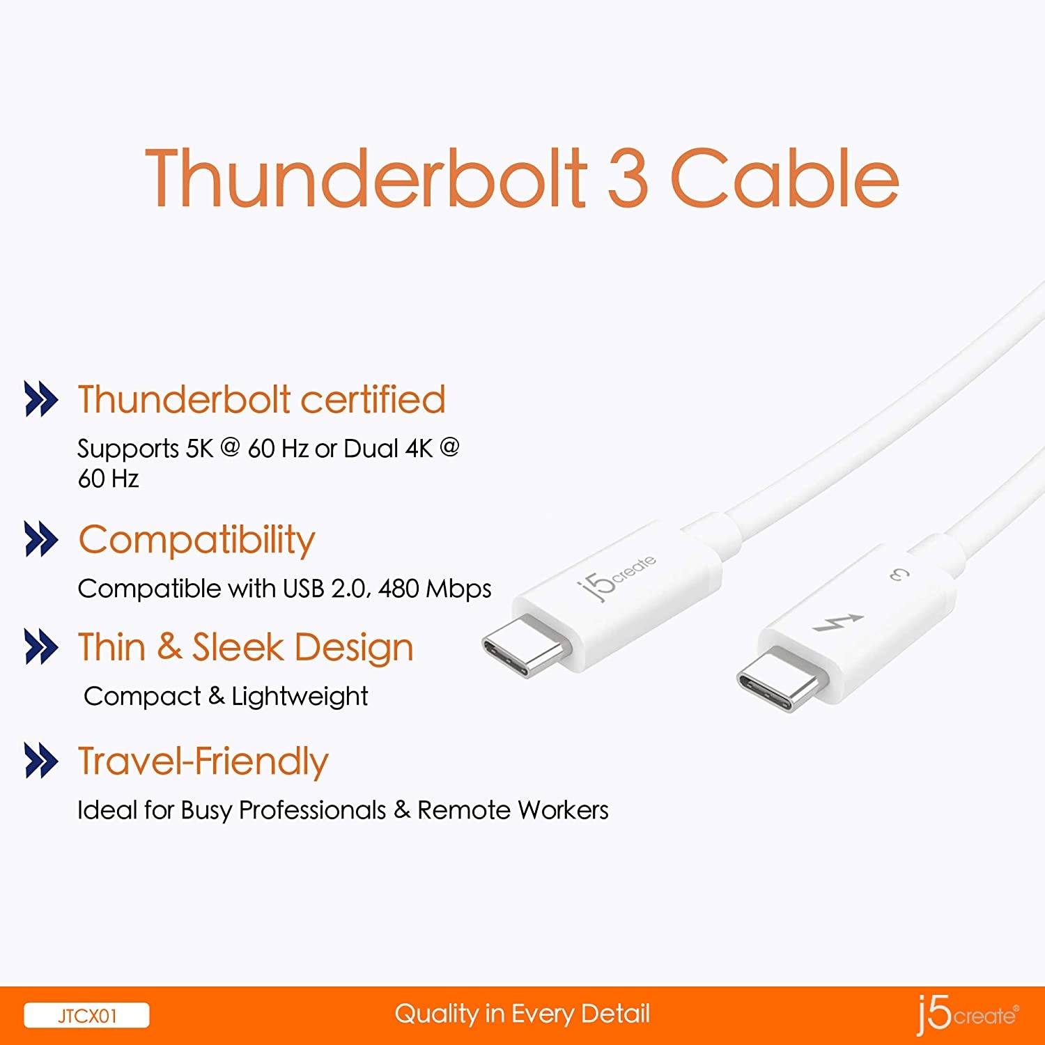 FVH Thunderbolt 2 Port Male to Male Video Data Cable for MacBook & SSD & Displays TB-004-WH