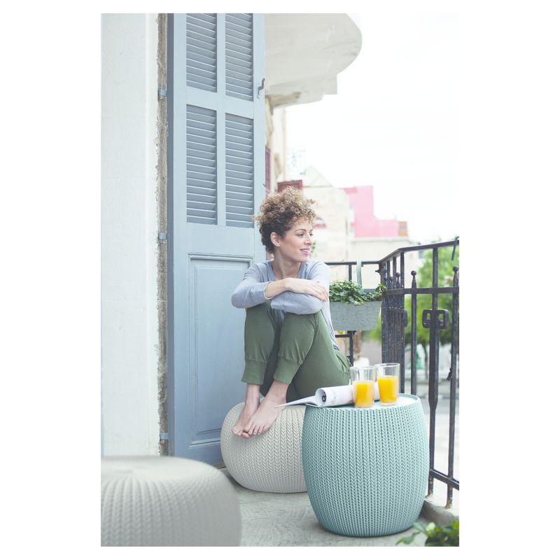 Urban Cozy Knit Outdoor Poufs and Table Balcony 3 Pc Set - Taupe/Blue - Keter