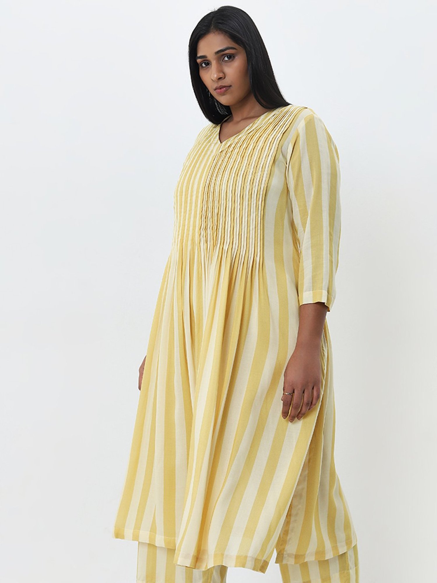 Diza by Westside Yellow Striped Pintuck Detailed A-Line Cotton Kurta