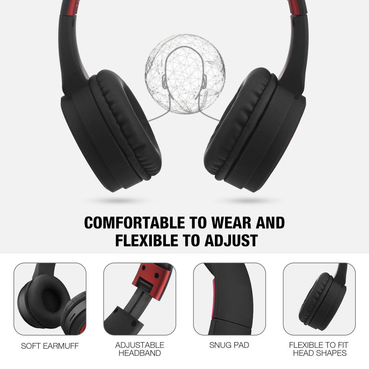 Wireless Bluetooth Headphones over Ear Stereo Super Bass Built-in Mic Foldable Headset Earphone for PC, Smart Phone, Tablet, Speakers