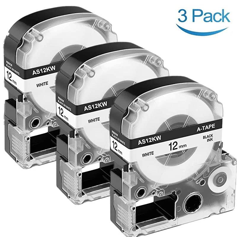 Compatible Label Tape Replacement for Epson LK4WBN SS12KW Label Tape Cartridges 12 Standard LK LC Black on White Tape for Epson LabelWorks LW400 LW300 LW600P Label Printer3Pack