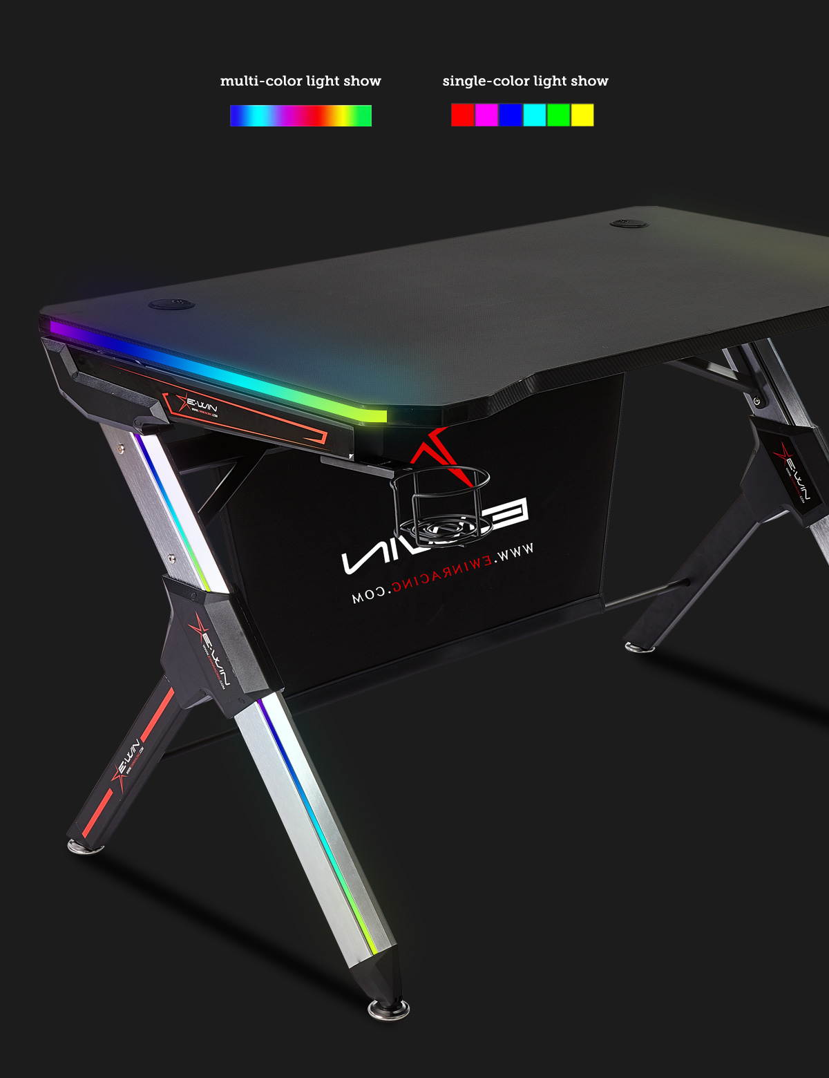 E-WIN&reg; 2.0 Edition RGB Gaming Desk with RGB Lights, Smart Wireless Charger, USB Port, Controller Stand And Cup Holder
