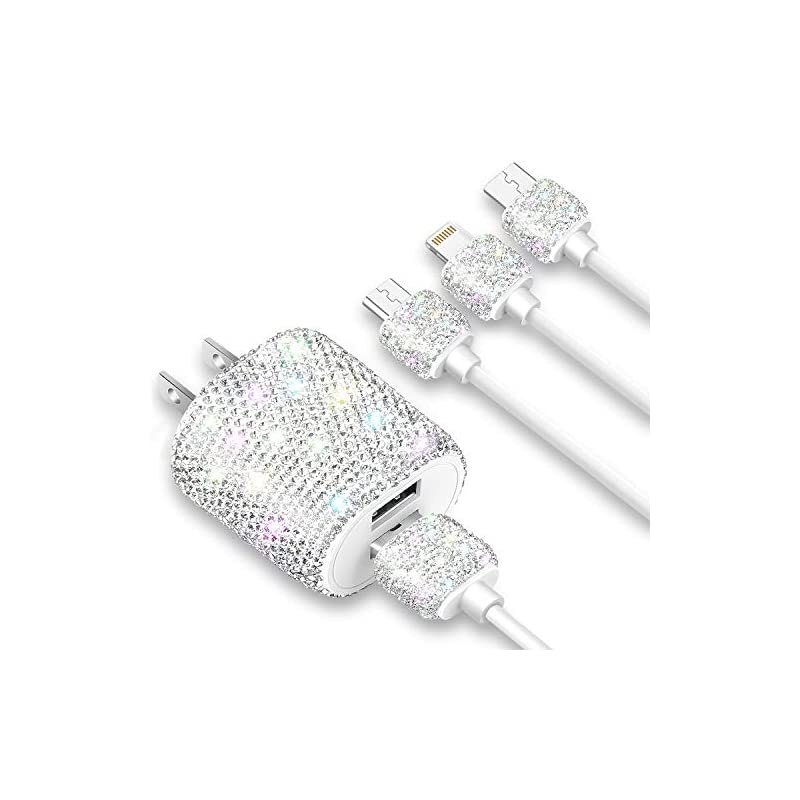 USB Wall Charger with Charging CableFast Block for iPhone Android3in1 Multi Charger Cable Micro USB Type C Multiple USB Cord with Crystal DecorationCell Phone Accessories for WomenGirls