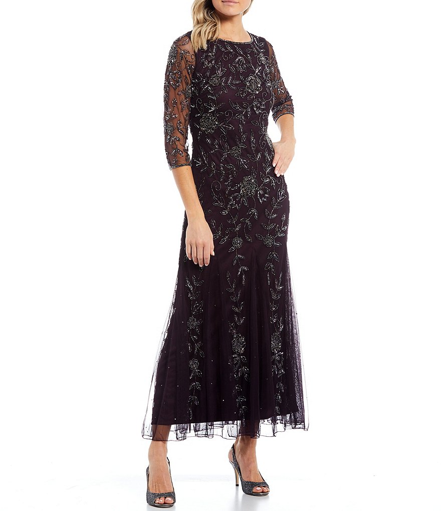 Pisarro Nights 3/4 Sleeve Long Beaded Gown with Godets