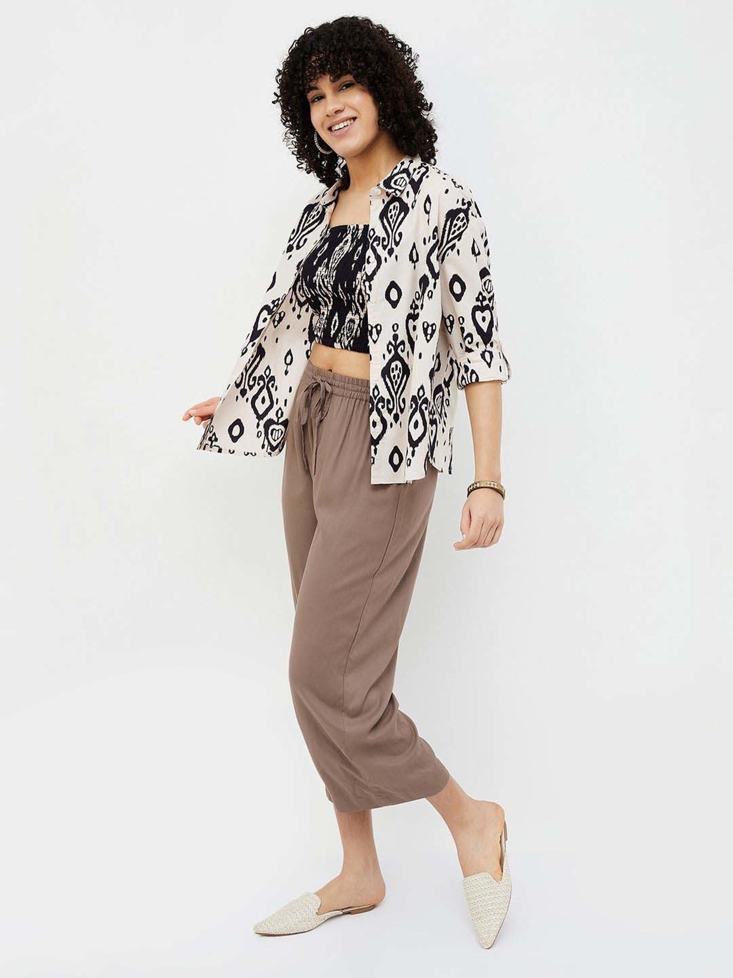 Colour Me by Melange Black & Off-White Cotton Printed Crop Top With Jacket