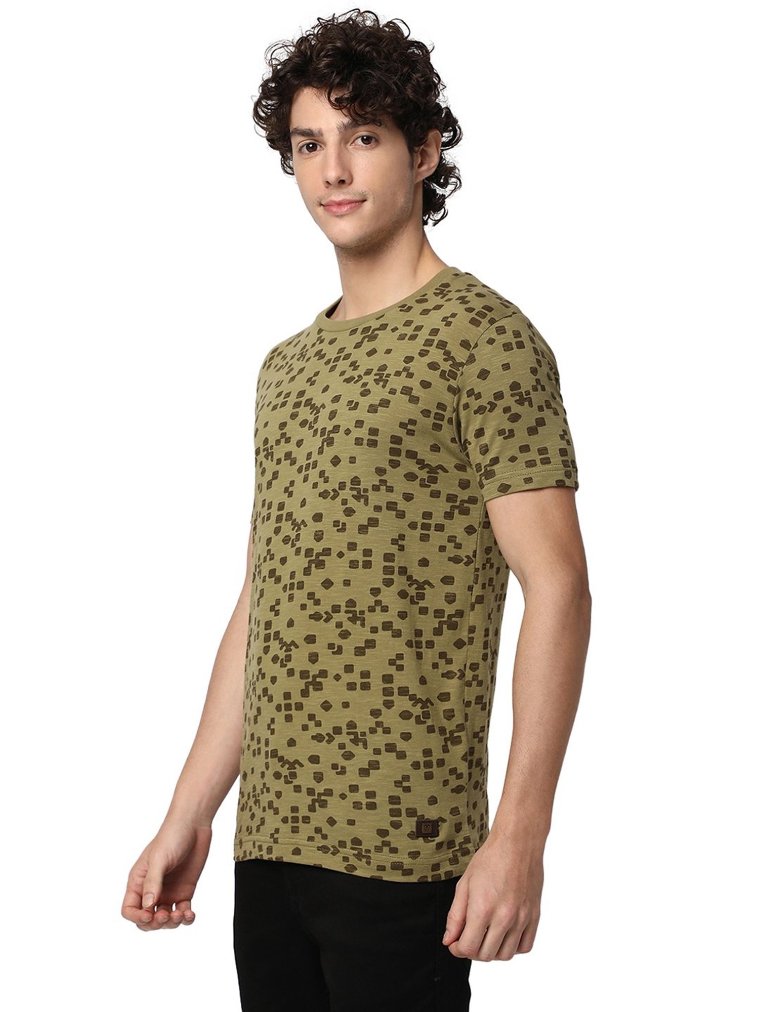 Mufti Light Olive Slim Fit Printed Crew T-Shirt