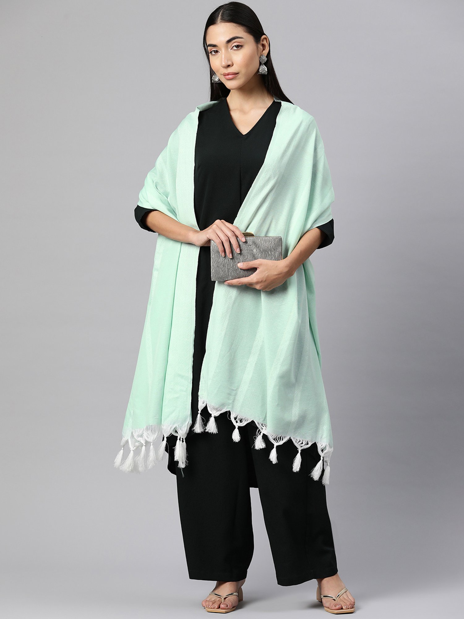 One Femme Green Cotton Striped Dupatta