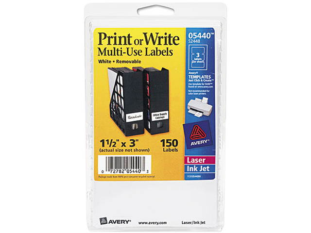 Avery 05440 Print or Write Removable Multi-Use Labels, 1-1/2 x 3, White, 150/Pack