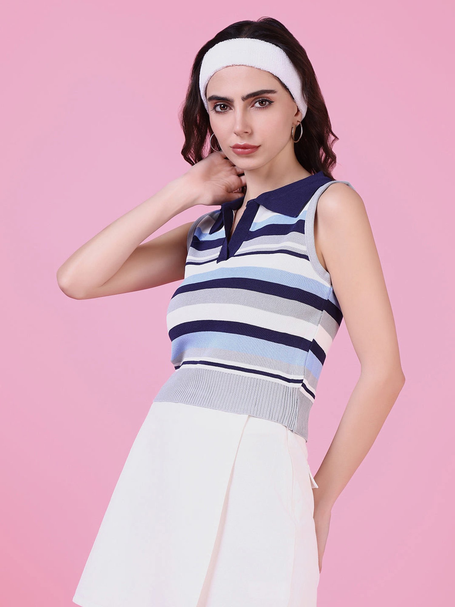 SHOWOFF Navy & White Striped Crop Top
