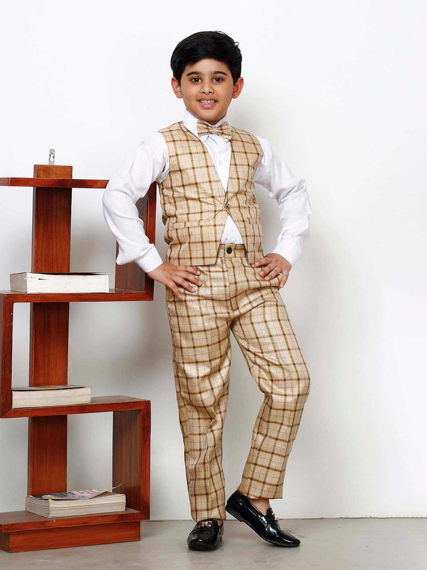 Pro-Ethic Style Developer Kids Beige & White Checks Full Sleeves Shirt, Waistcoat, Pants with Bow