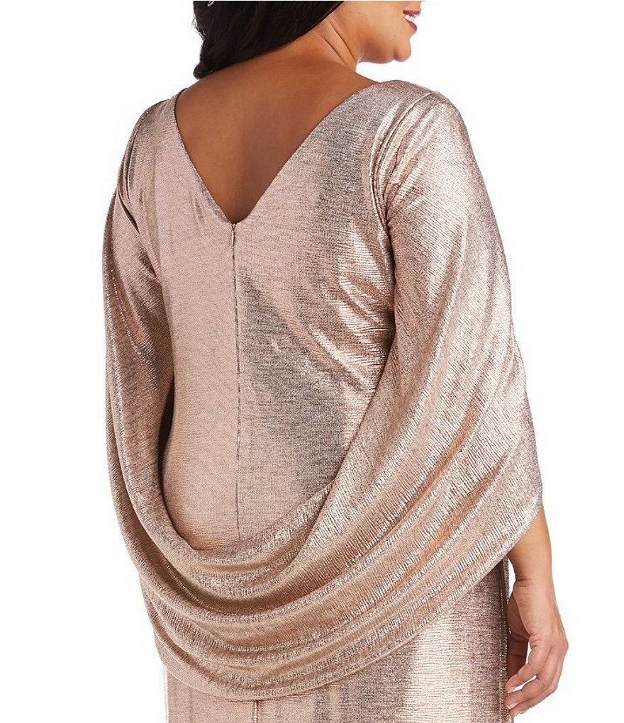 R & M Richards Plus Size Boat Neck 3/4 Drape Sleeve Stretch Crinkled Foil Ruched Waist Drape Back Dress