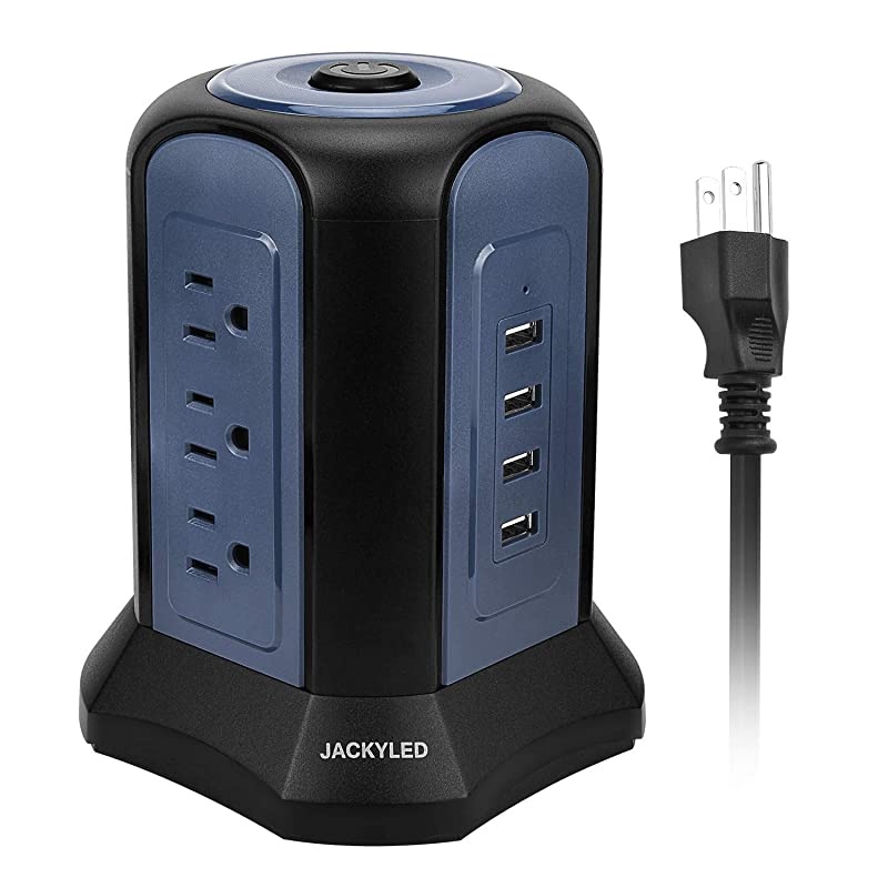 98Ft White Surge Protector Power Strip Tower 18AWG 10A Long Extension Cord with 9 AC Outlets 4 USB Ports Charging Station for Multiple Devices Fireproof Outlet for Home School Office