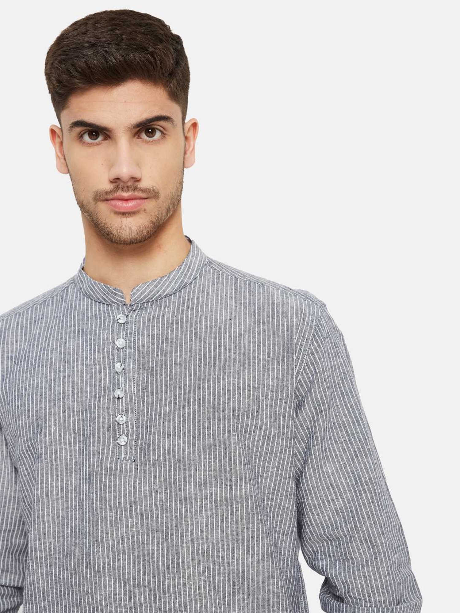 METTLE Grey Cotton Regular Fit Striped Shirt