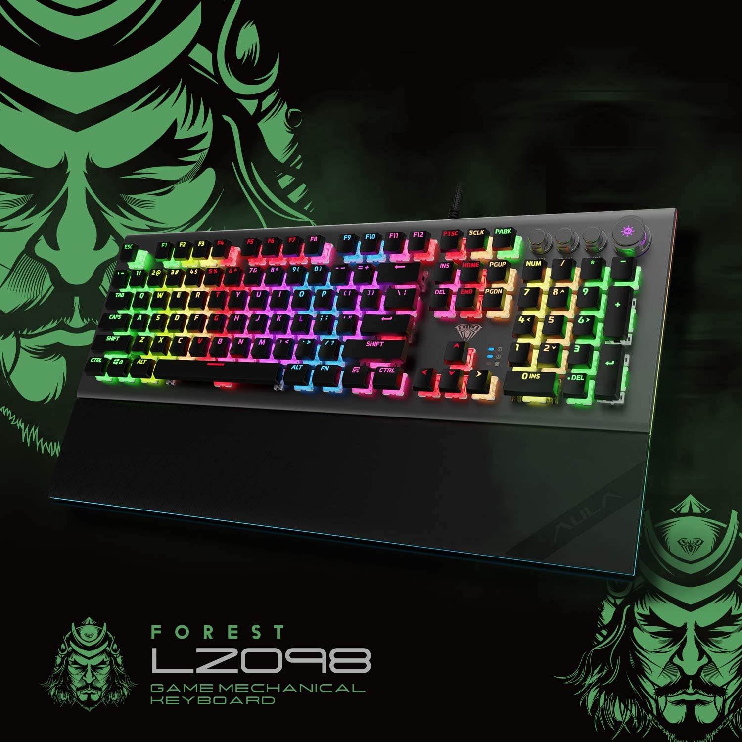 AULA L2098 RGB Mechanical Gaming Keyboard, 104 Floating-Keys Keyboard with Tactile Crystal Switches, Silver Metal Board, Magnetic Light Bar Wrist Rest Plus 4 Backlit/Media Control Knob Buttons