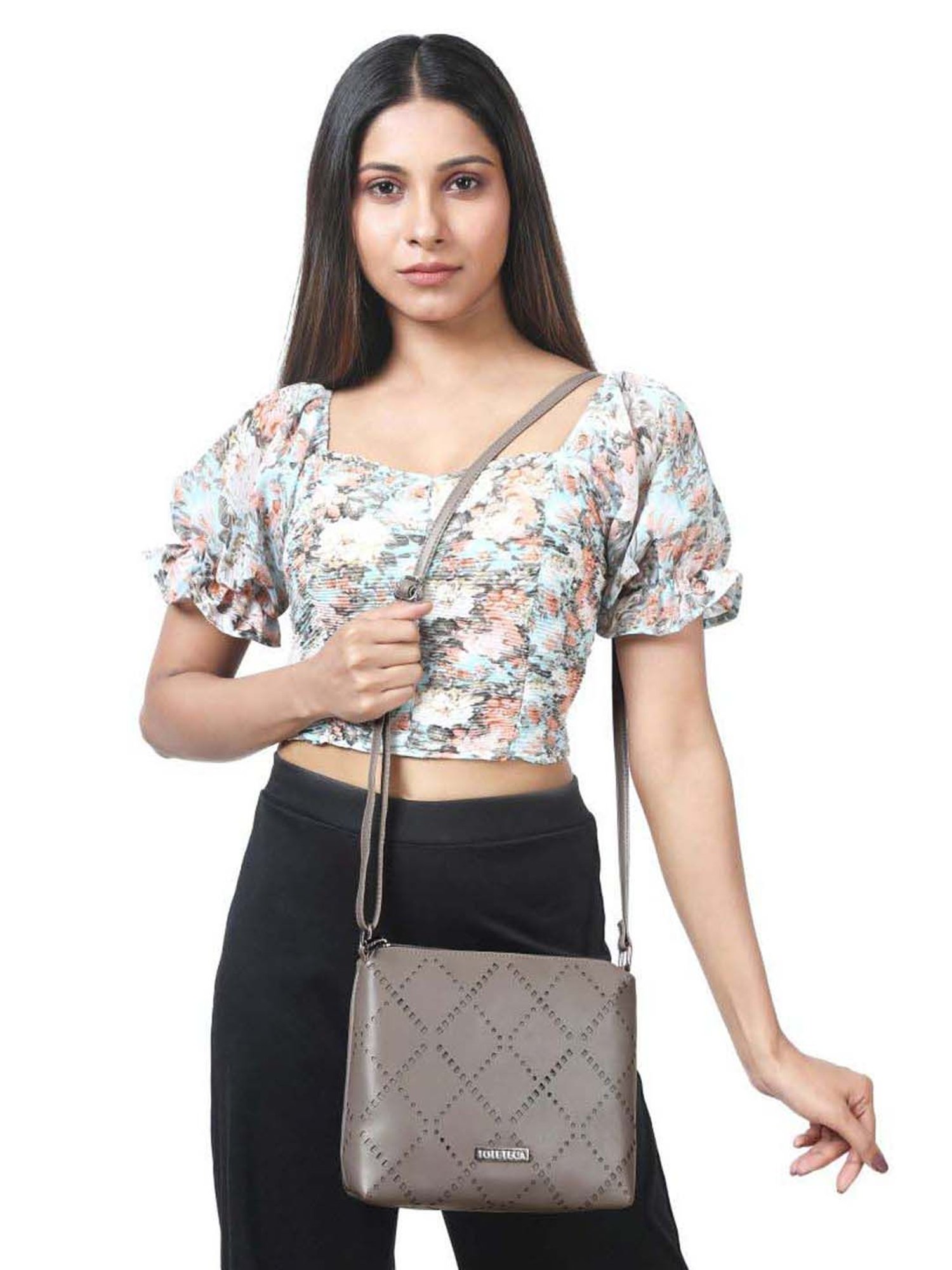 Toteteca Grey Cut Work Medium Sling Handbag