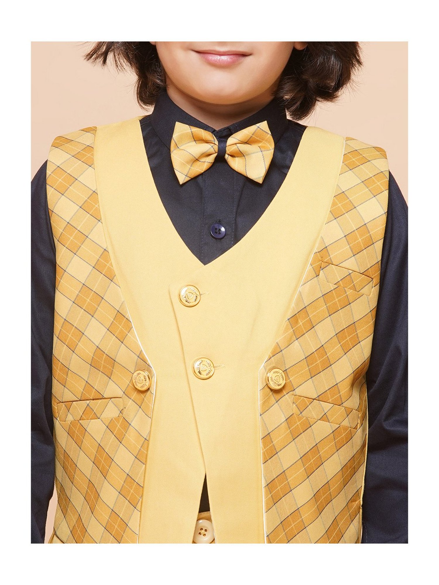 AJ Dezines Kids Yellow & Black Checks Full Sleeves Shirt, Pants, Waistcoat with Bow Tie