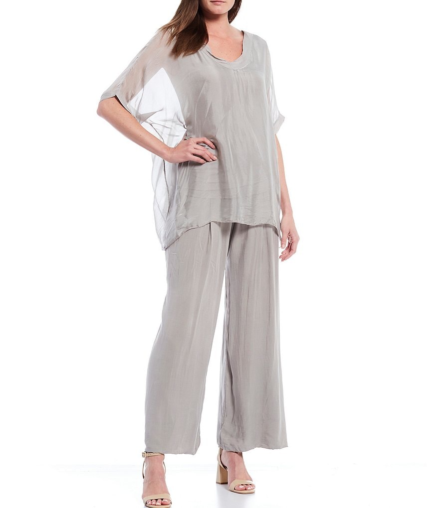 M Made in Italy V-Neck Sheer Sleeve Sharkbite Hem Silky Woven Top