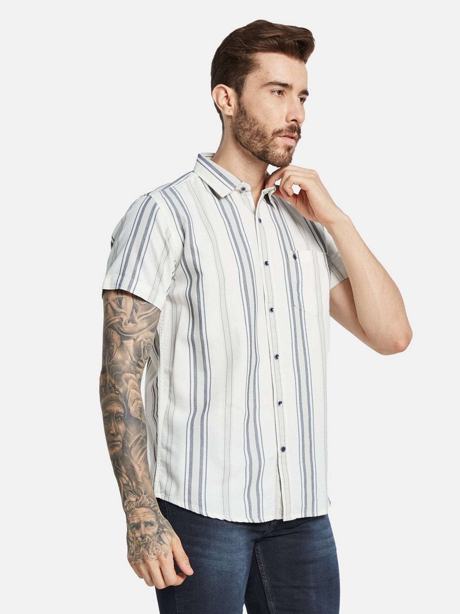Mettle Off White Cotton Regular Fit Striped Shirt