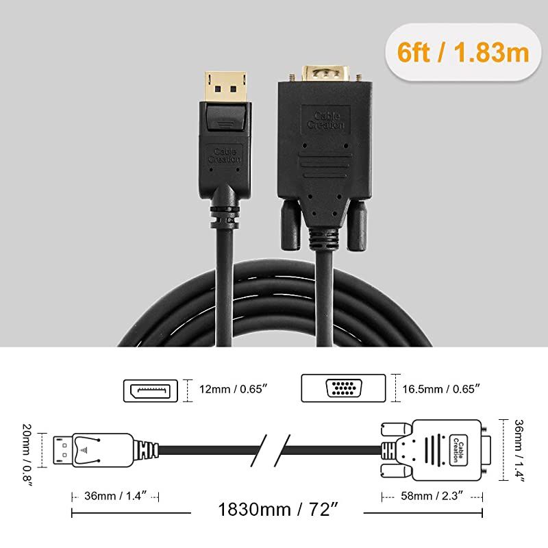 DP to VGA Cable 6ft  DisplayPort to VGA Cable with Builtin IC Chipset Gold Plated Standard DP Male to VGA Male Cable Black Color